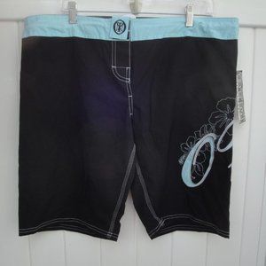 OTM Womens Board Shorts Size 13 Black Aqua Embroidered Velcro Closure Front NEW